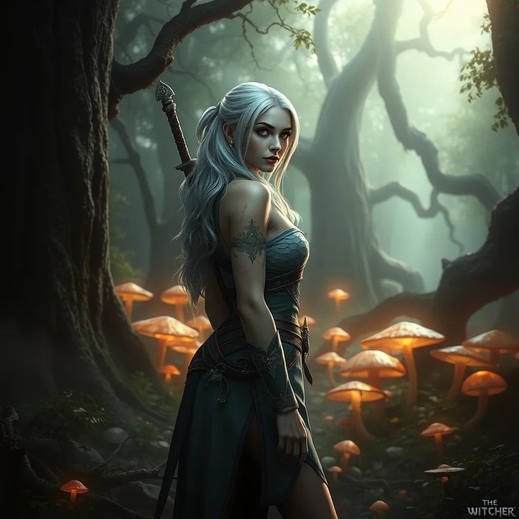 Ciri from The Witcher 3, standing in a misty forest with glowing mushrooms and ancient trees, her silver hair shimmering under the soft light filtering through the leaves