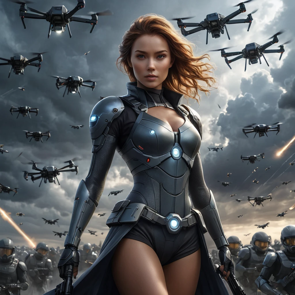 A cinematic scene where A2 is surrounded by a swarm of enemy drones, her weapon drawn, with a dramatic spotlight highlighting her against the dark, stormy sky.