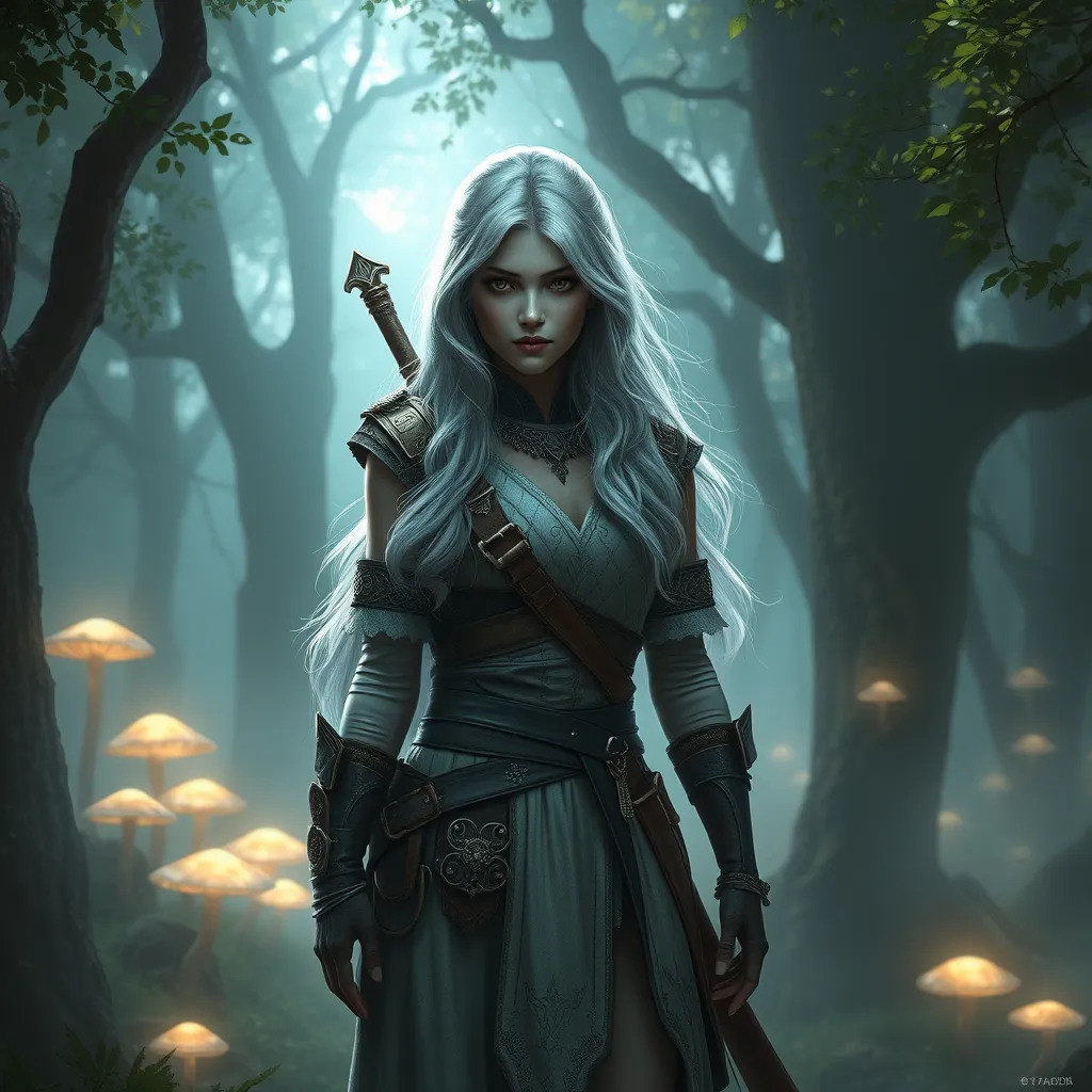 Ciri from The Witcher 3, standing in a misty forest with glowing mushrooms and ancient trees, her silver hair shimmering under the soft light filtering through the leaves