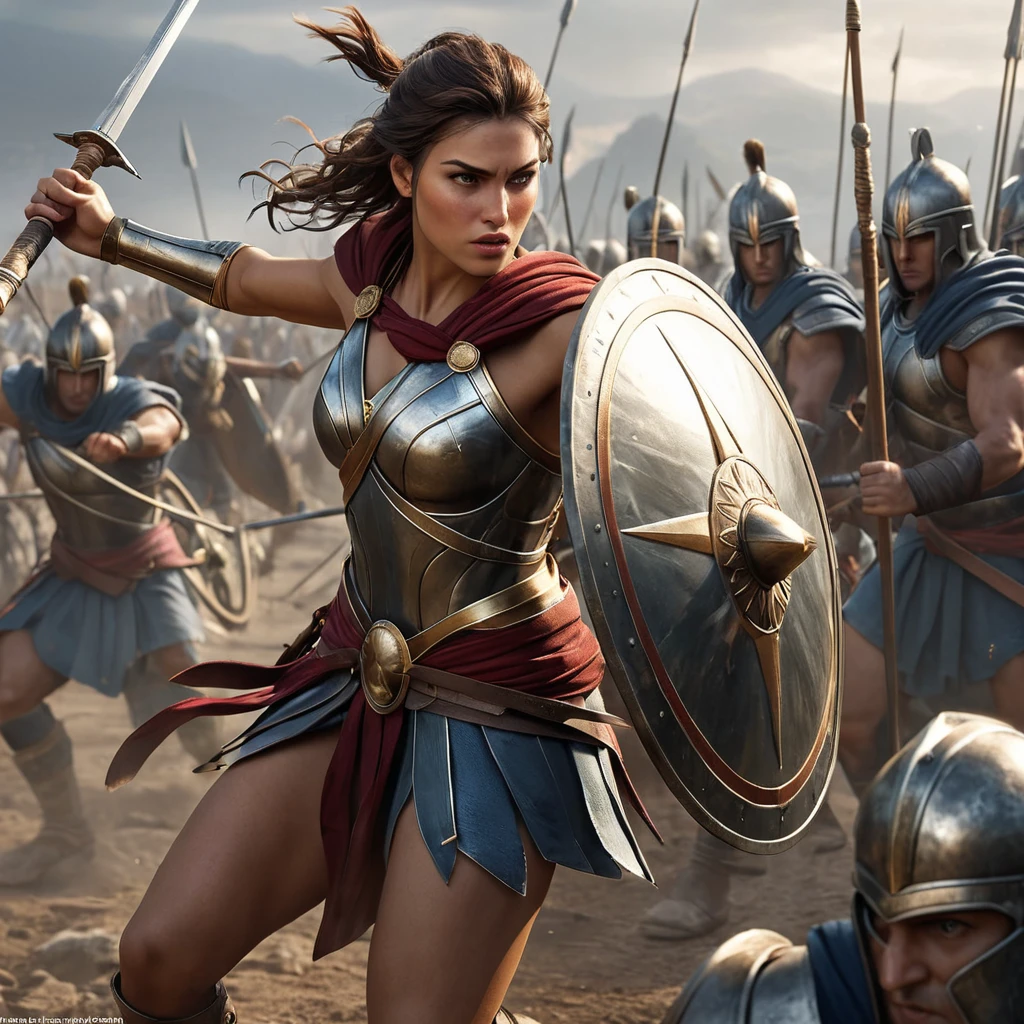 Kassandra in a dramatic battle scene, fighting against a group of Spartan soldiers, her spear and shield in action, emphasizing her skilled combat techniques