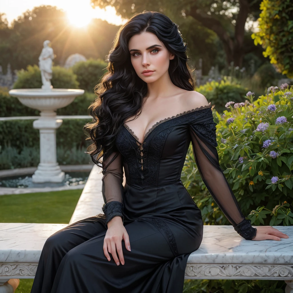 Yennefer in a serene garden at sunset, her hair cascading down as she sits on a marble bench, lost in thought