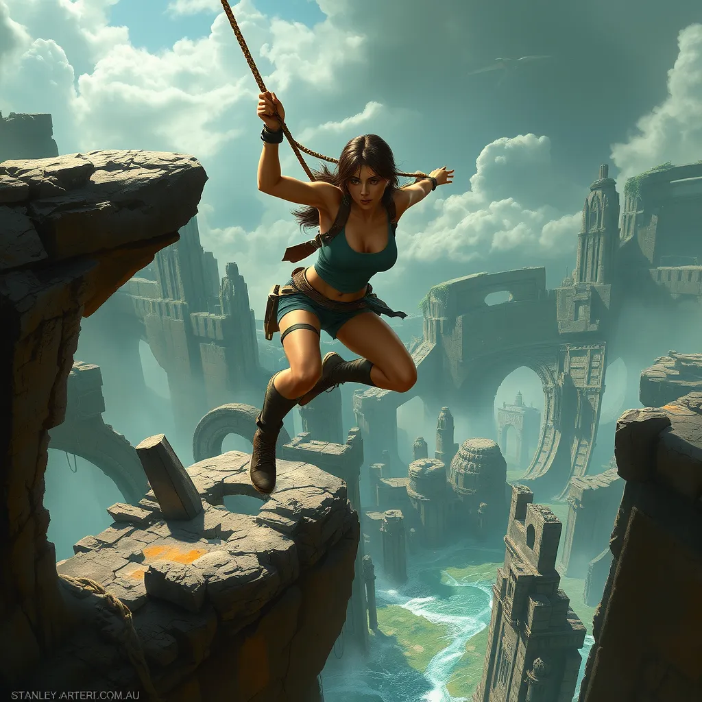 A high-action scene where Lara Croft is mid-swing on a rope, leaping over a deep chasm, with crumbling ruins and ancient traps in the background.