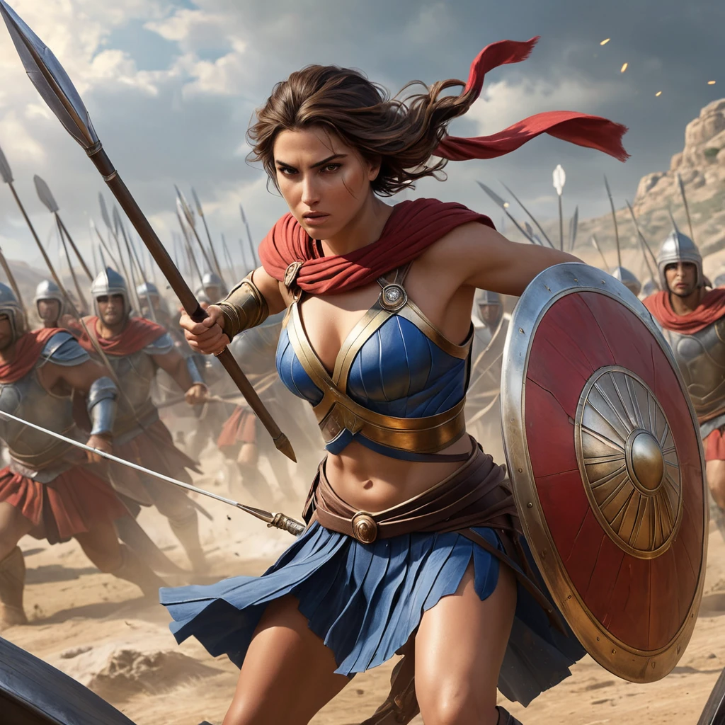 Kassandra in a dramatic battle scene, fighting against a group of Spartan soldiers, her spear and shield in action, emphasizing her skilled combat techniques