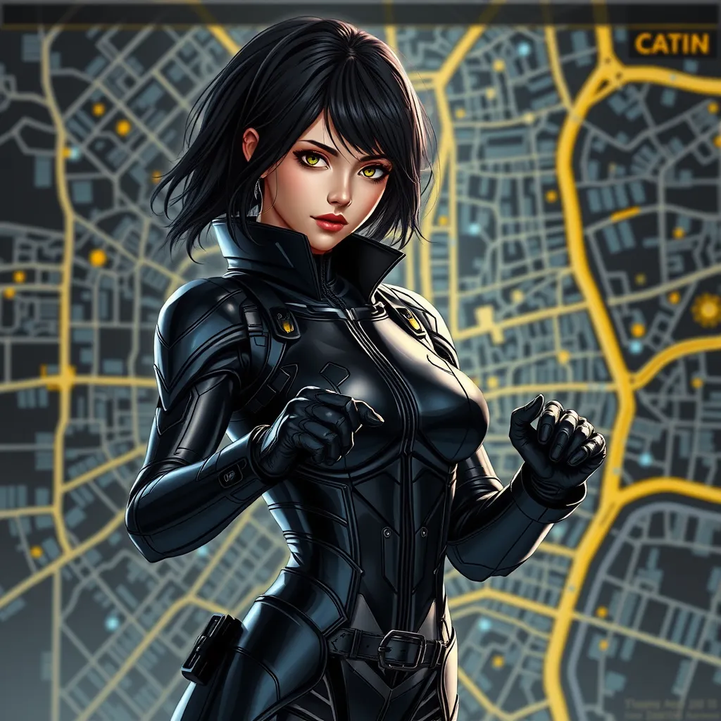 Cassandra Cain, dressed in a sleek, black tactical suit, standing before a digital city map, her hands poised as if ready to strike.