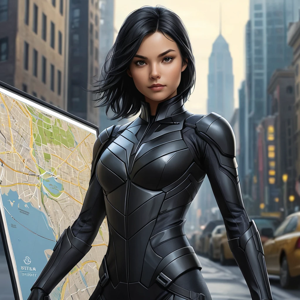 Cassandra Cain, dressed in a sleek, black tactical suit, standing before a digital city map, her hands poised as if ready to strike.