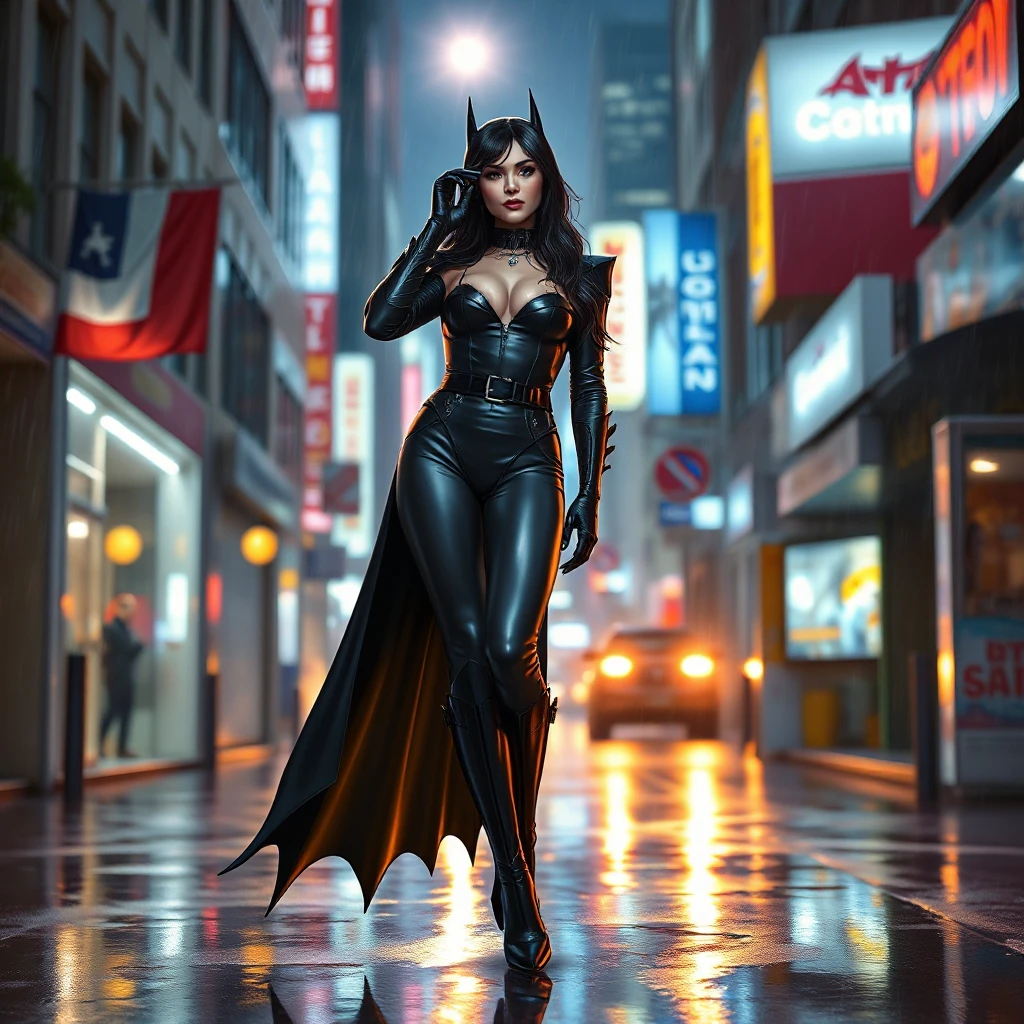 Cassandra Cain in a dramatic, cinematic style, standing on a rain-soaked street, the neon lights of Gotham City reflecting in puddles at her feet.