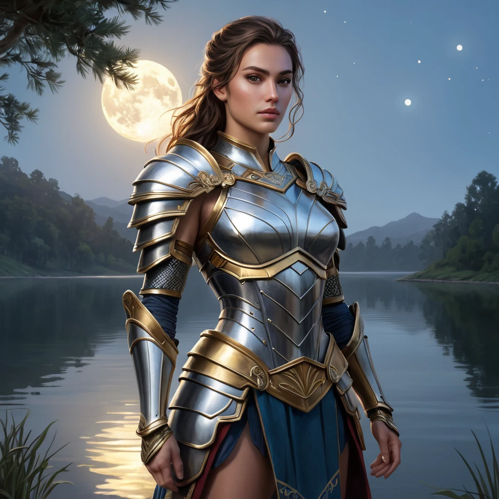 Kassandra on a quiet evening by a serene lake, her armor reflecting the moonlight, creating a peaceful yet powerful portrait of her character