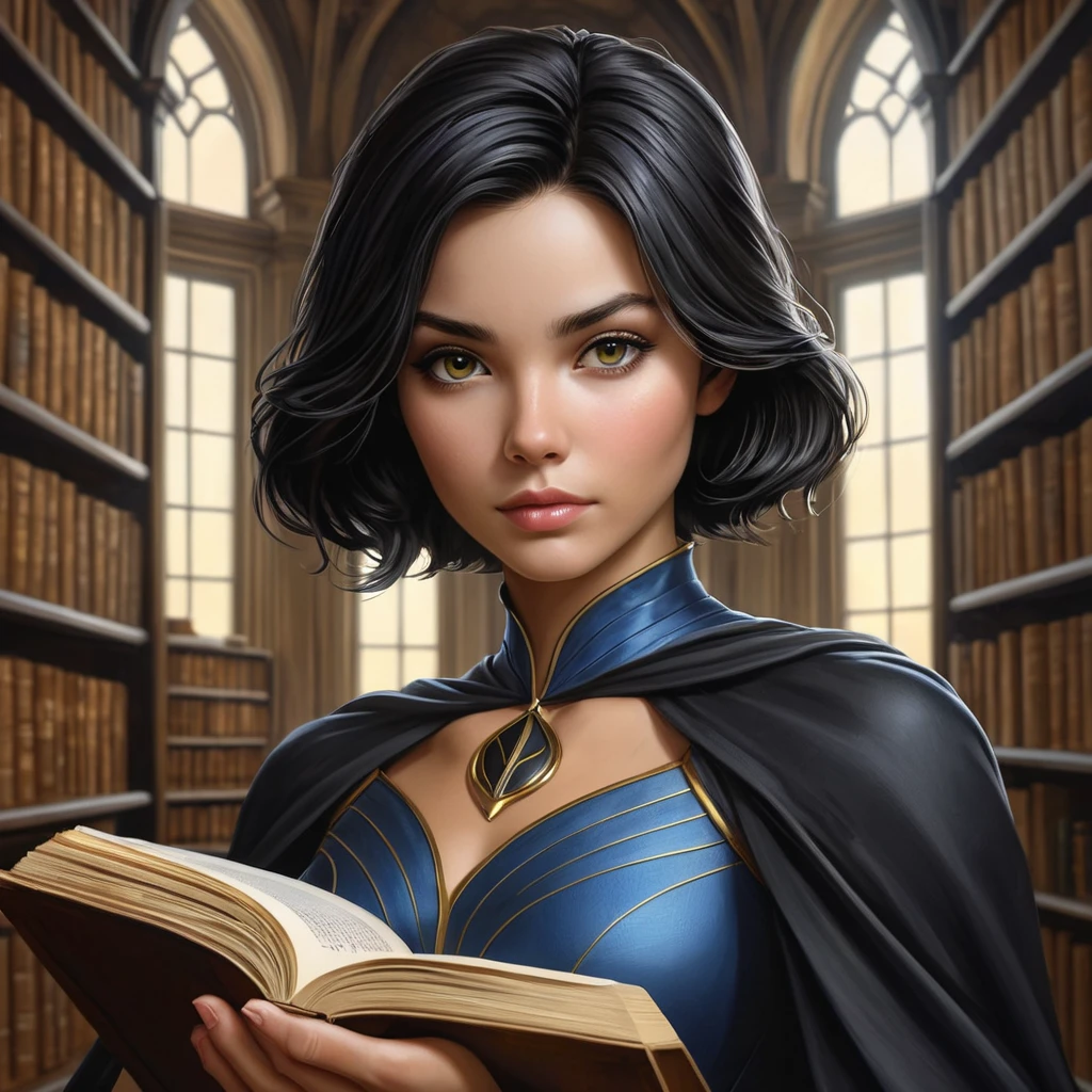 Cassandra Cain in a serene library setting, surrounded by ancient tomes, her eyes conveying a deep sense of wisdom and mystery.