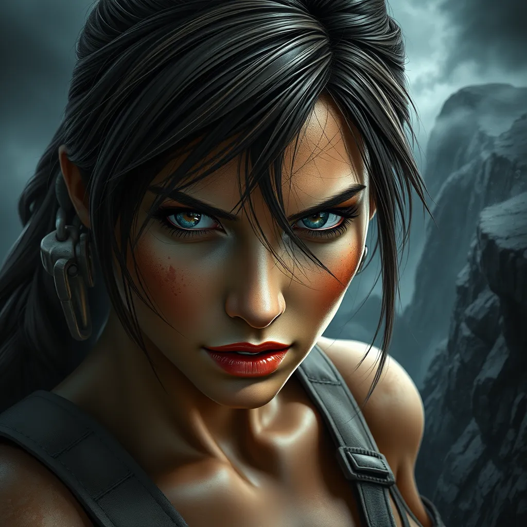 A dramatic close-up of Lara Croft, her eyes intense and focused, set against a stormy, rugged cliffside, emphasizing her resilience and determination.