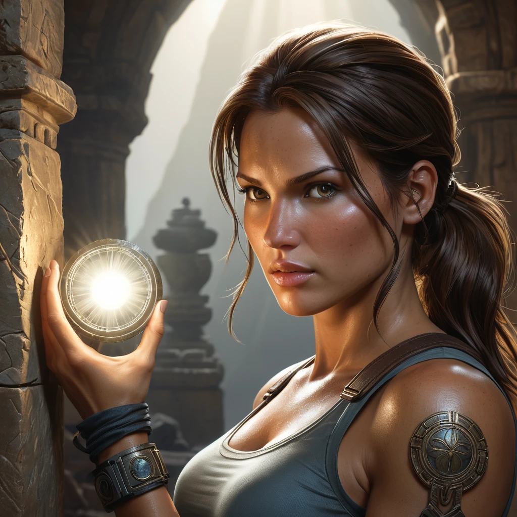 A detailed portrait of Lara Croft examining an ancient artifact, the light from her flashlight casting shadows across her focused face and the intricate relic.