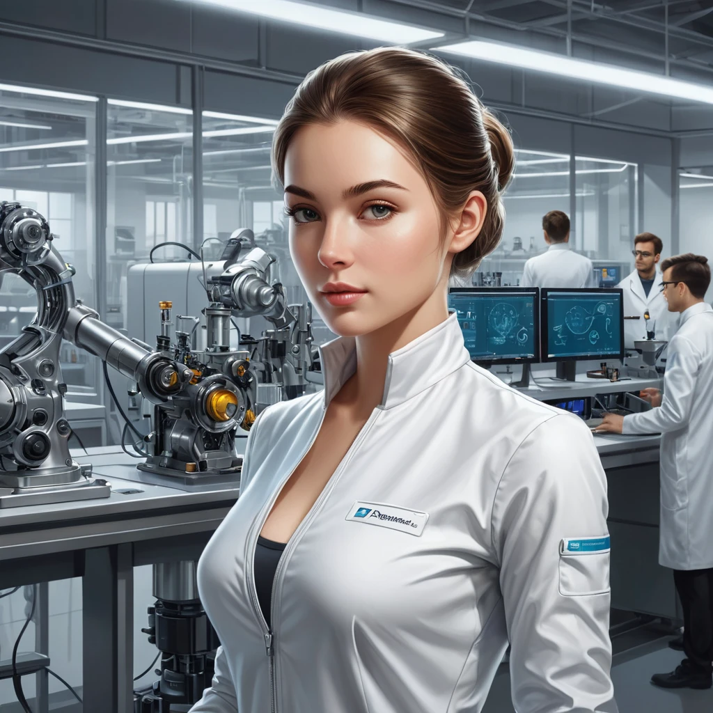 A detailed illustration of A2's backstory, showing her as a young prototype in a high-tech laboratory, with scientists and machinery in the background.