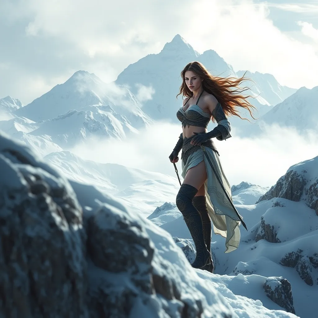 Kassandra in a snowy mountain landscape, her breath visible in the cold air, navigating through treacherous terrain, showcasing her resilience and survival skills