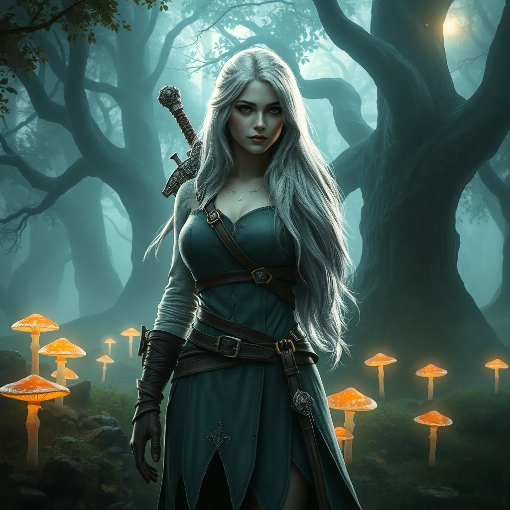 Ciri from The Witcher 3, standing in a misty forest with glowing mushrooms and ancient trees, her silver hair shimmering under the soft light filtering through the leaves