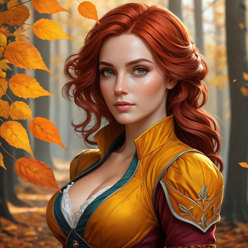 Triss in a vibrant, autumnal forest, her hair matching the fiery colors of the leaves as she walks a leaf-strewn path