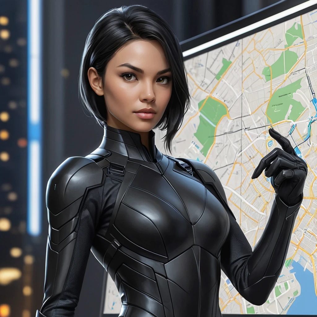 Cassandra Cain, dressed in a sleek, black tactical suit, standing before a digital city map, her hands poised as if ready to strike.