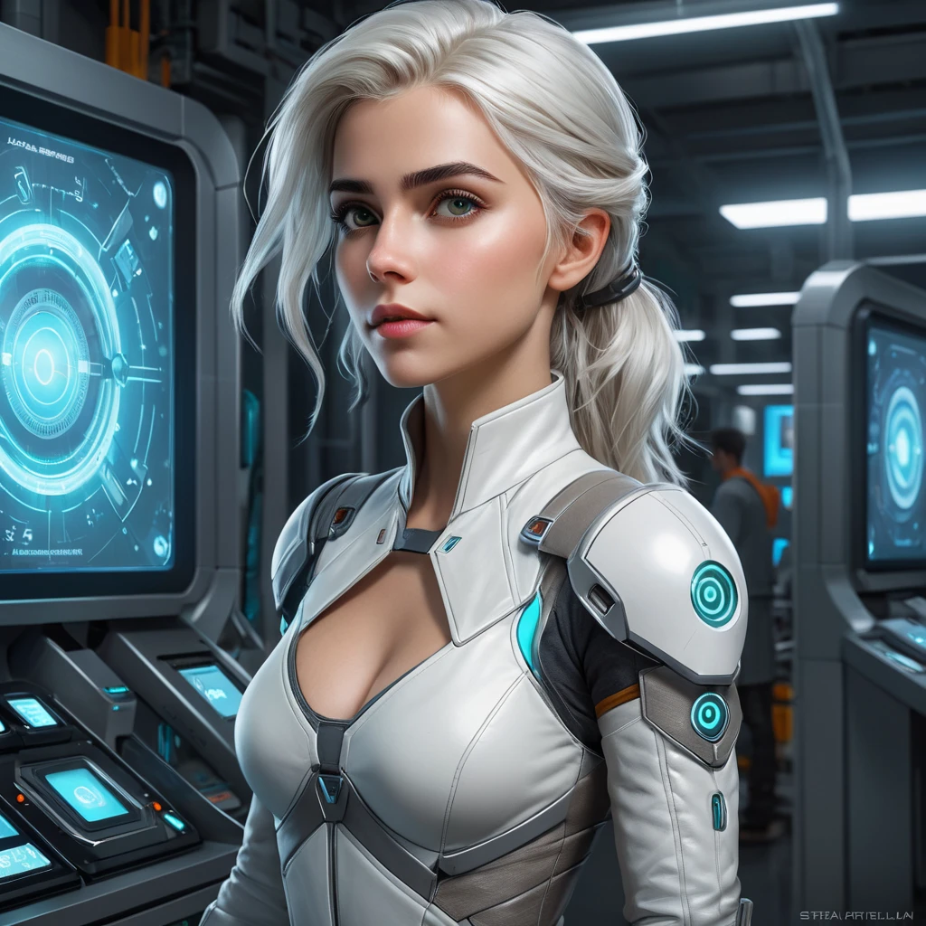 Ciri in a high-tech laboratory, surrounded by futuristic gadgets and glowing screens, her expression curious and intrigued