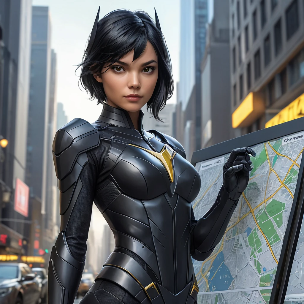 Cassandra Cain, dressed in a sleek, black tactical suit, standing before a digital city map, her hands poised as if ready to strike.