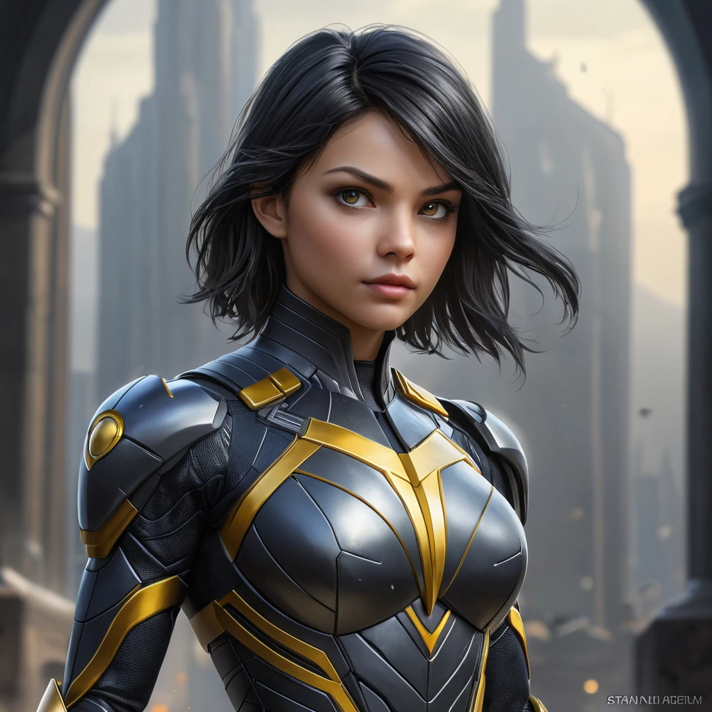 Cassandra Cain in a futuristic battle arena, her body clad in advanced armor, her eyes glowing with a fierce determination.