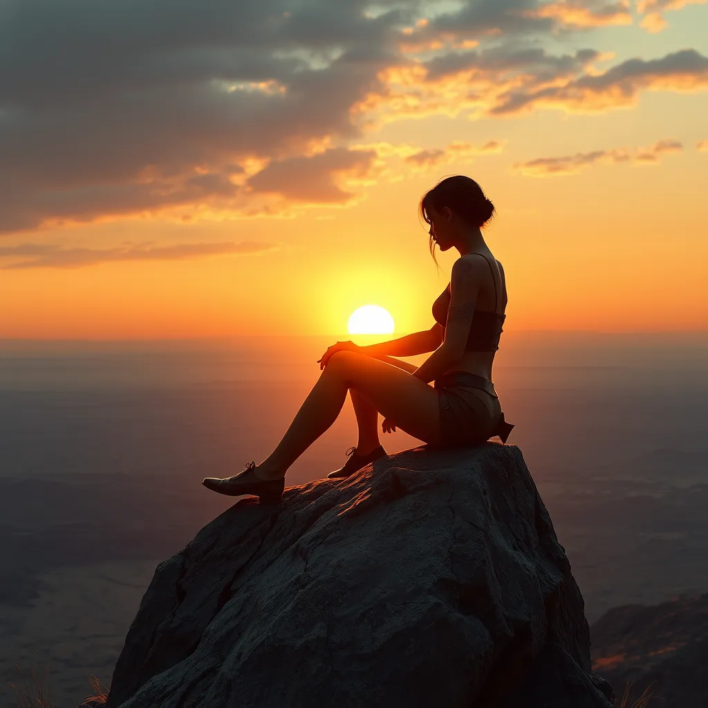 Lara Croft in a moment of solitude, sitting atop a weathered stone, overlooking a vast desert landscape at sunset, her silhouette sharply defined.