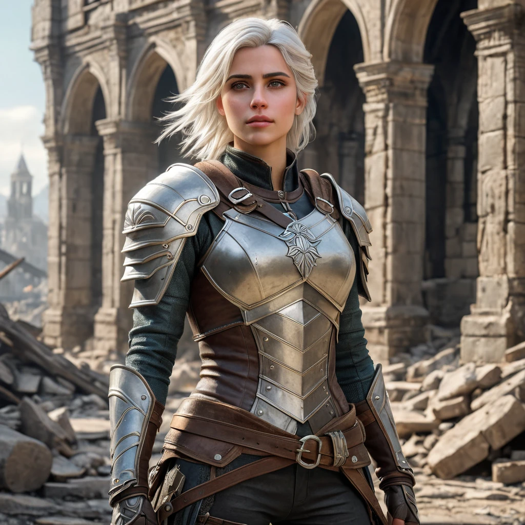 Ciri in a battle-worn armor, standing amidst the ruins of a once-great city, her expression resolute and determined