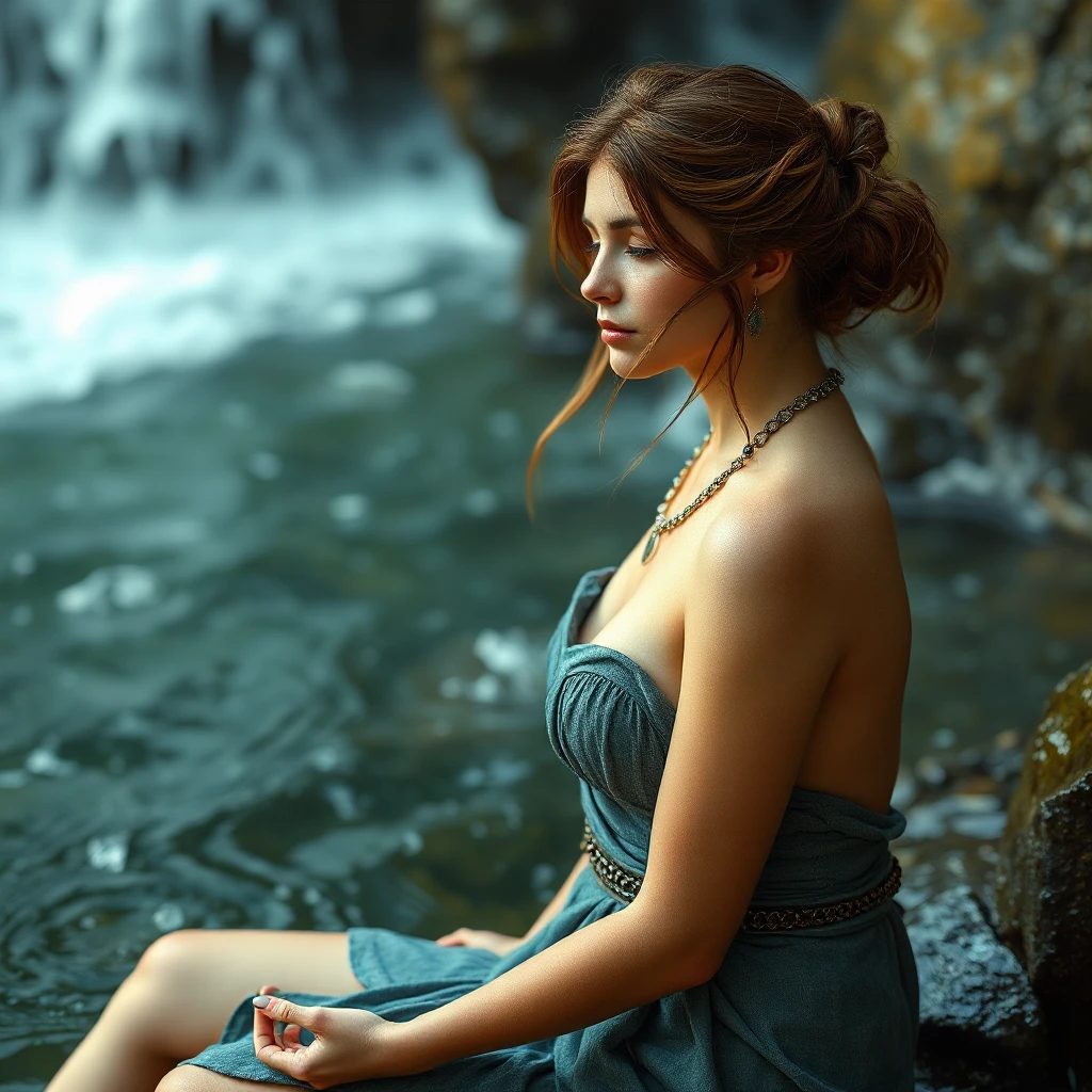 Kassandra in a moment of solitude, meditating by a waterfall, the water's movement contrasting with her calm and focused expression