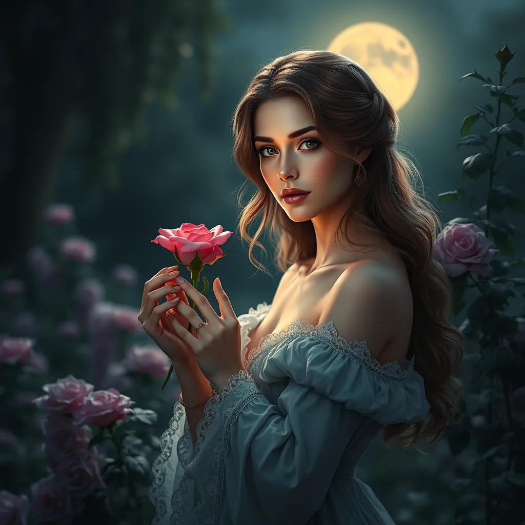 Triss in a serene, moonlit garden, her hands gently touching a blooming rose, the soft light enhancing her natural beauty