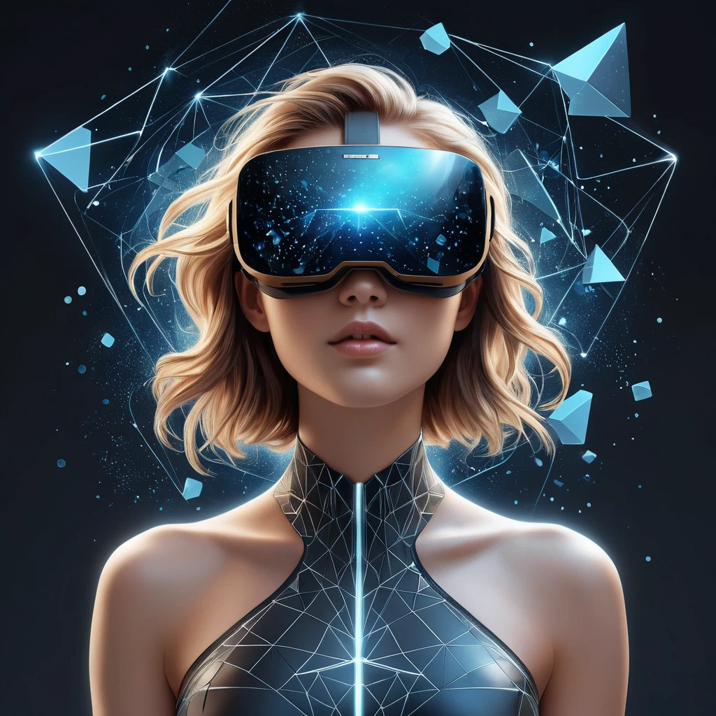 A2 in a virtual reality space, her form surrounded by floating geometric shapes and digital particles, symbolizing her connection to the digital world.