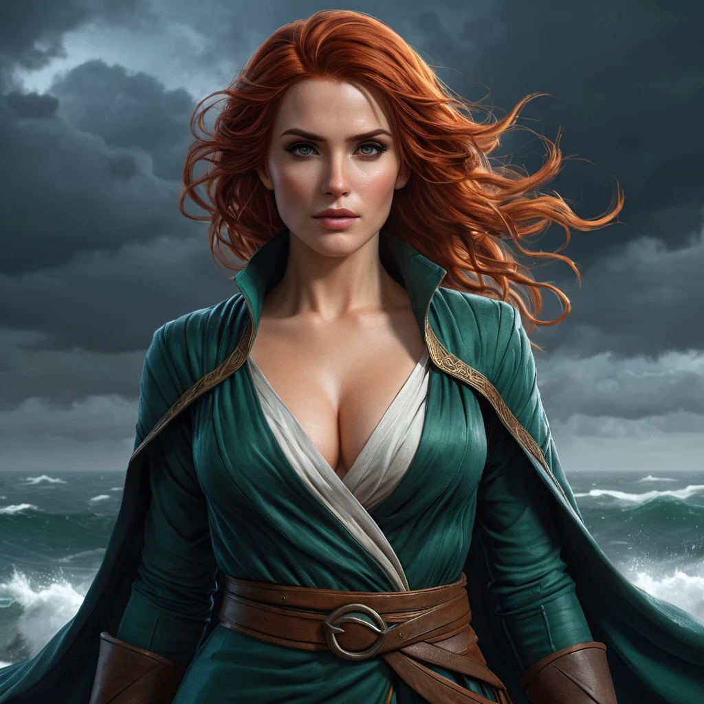 Triss in a dramatic, stormy night scene, her robes and hair blown by the wind as she casts a protective spell