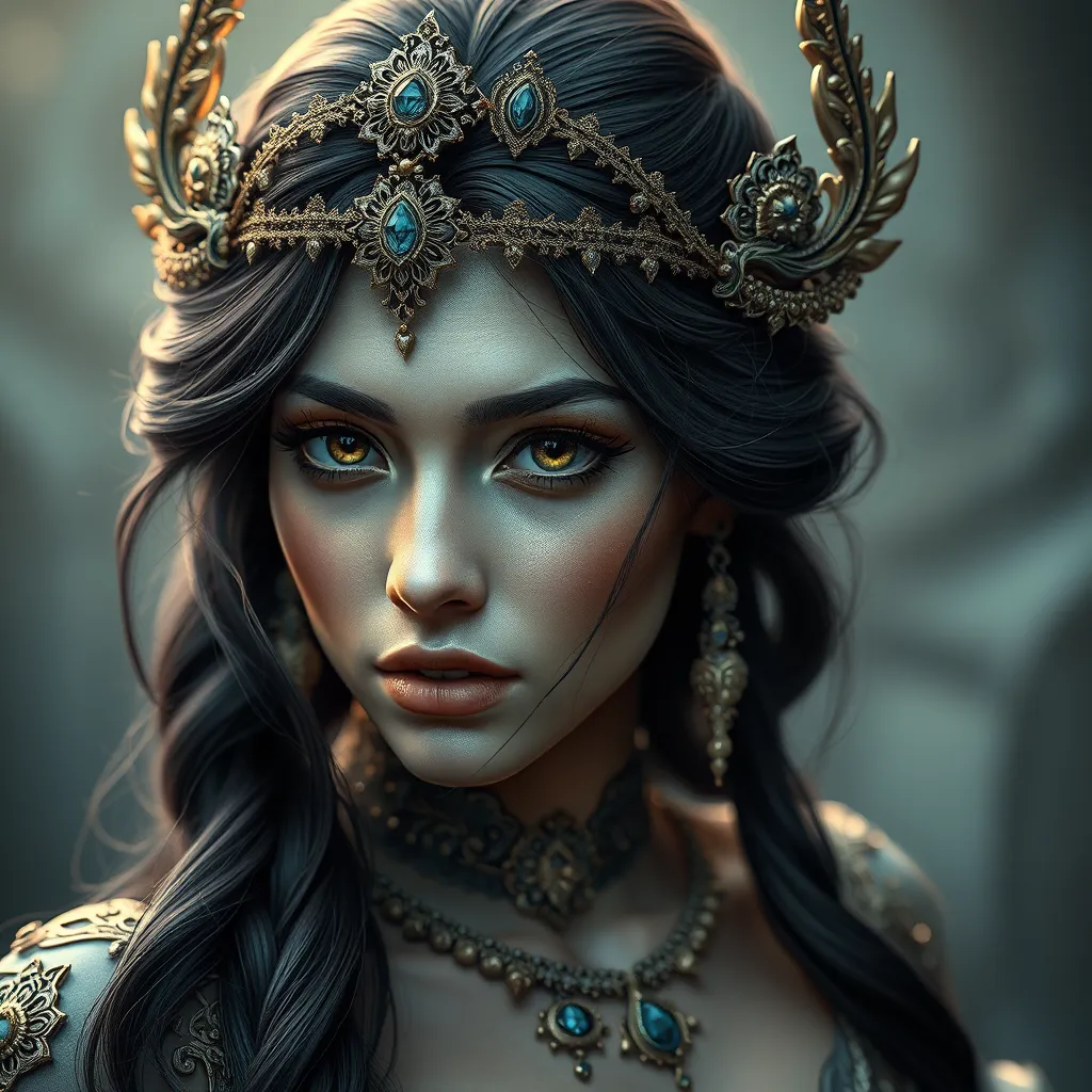 Alluring matte portrait of the beautiful goddess Ker in the style of Stefan Kostic