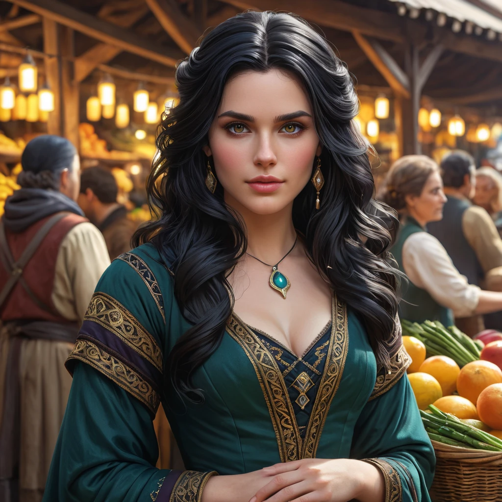 Yennefer in a bustling market, her vibrant robes contrasting with the earthy tones of the vendors, her expression both curious and confident