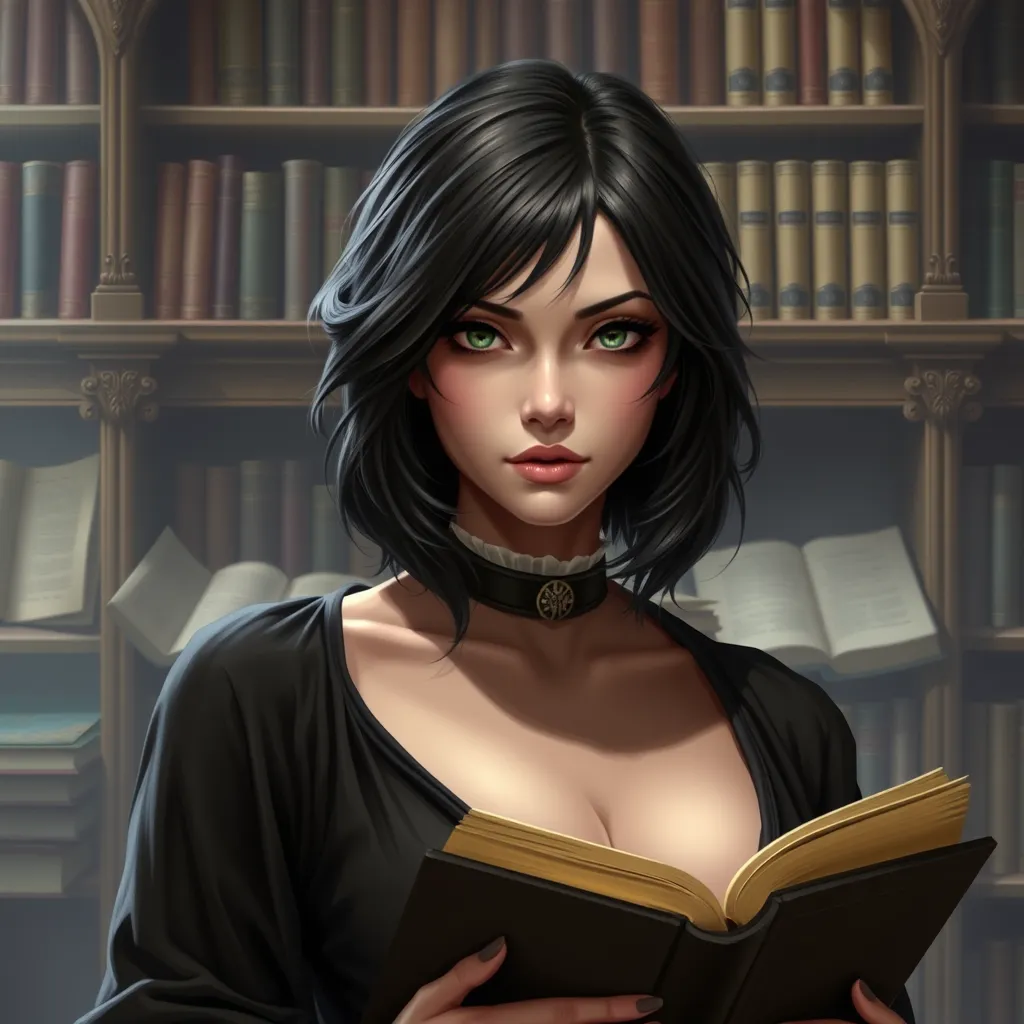 Cassandra Cain in a serene library setting, surrounded by ancient tomes, her eyes conveying a deep sense of wisdom and mystery.