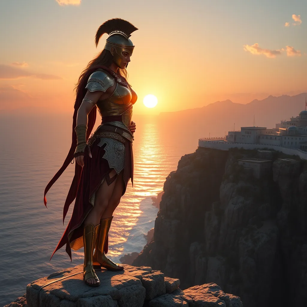 Kassandra from Assassin's Creed, standing atop a cliff overlooking the Aegean Sea, with the sun setting behind her, casting a golden glow on her armor and the waves below