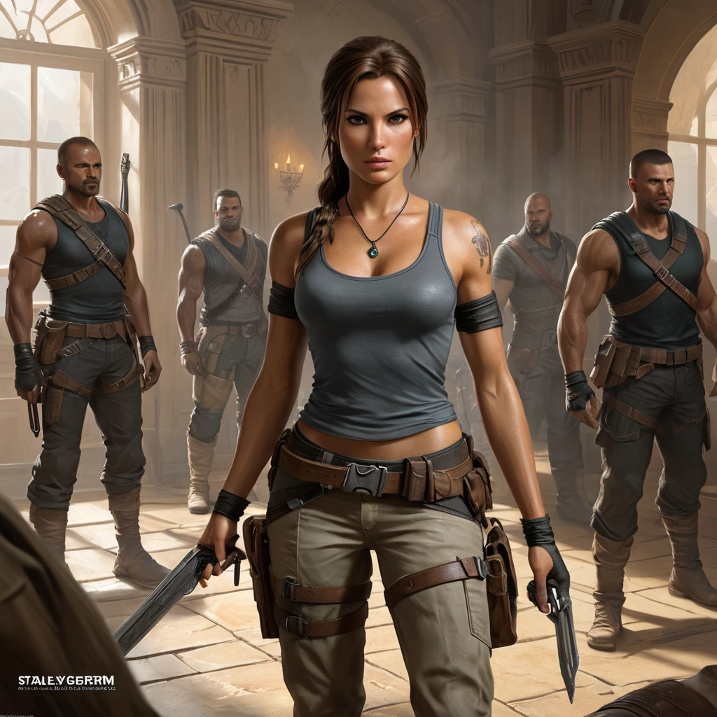 Lara Croft in a tense standoff with a group of mercenaries, her stance defensive, with old-world artifacts and weapons scattered around the room.