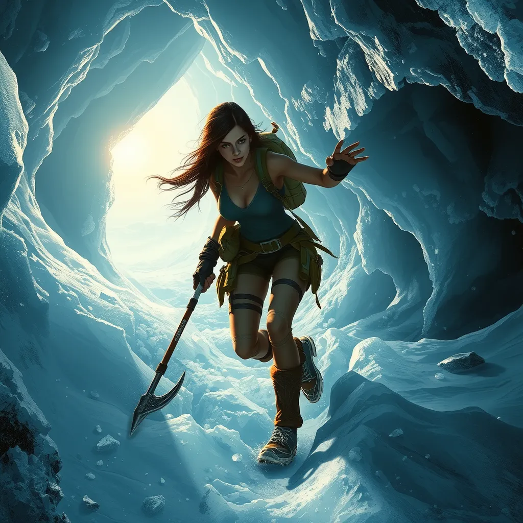 A dynamic scene of Lara Croft navigating a treacherous ice cave, her ice pick and crampons in use, with ice formations glittering in the light.