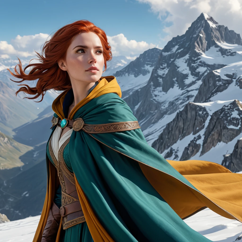 Triss in a high-altitude mountain setting, her cloak fluttering in the wind as she gazes out over a breathtaking vista