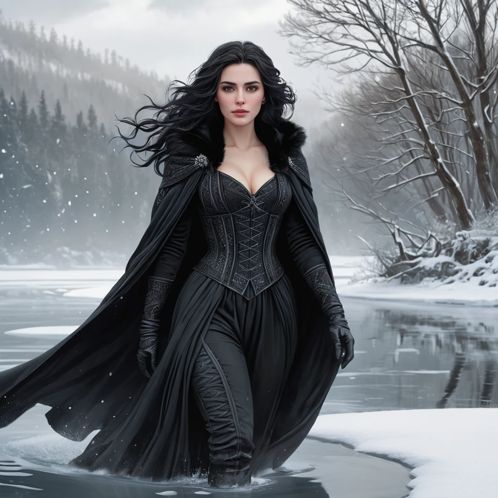 Yennefer in a snowy, winter wonderland, her cloak billowing in the wind as she walks gracefully on a frozen lake