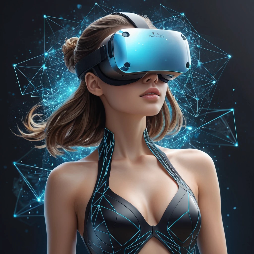 A2 in a virtual reality space, her form surrounded by floating geometric shapes and digital particles, symbolizing her connection to the digital world.