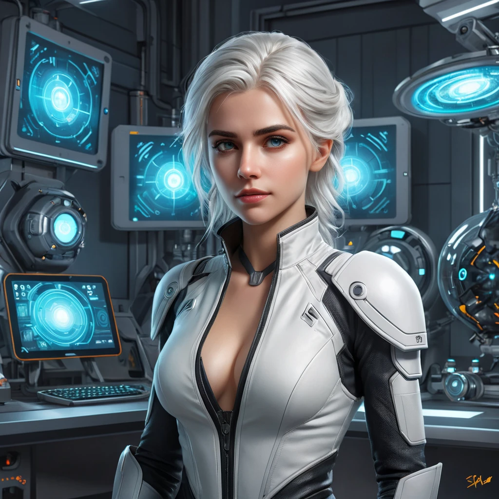 Ciri in a high-tech laboratory, surrounded by futuristic gadgets and glowing screens, her expression curious and intrigued