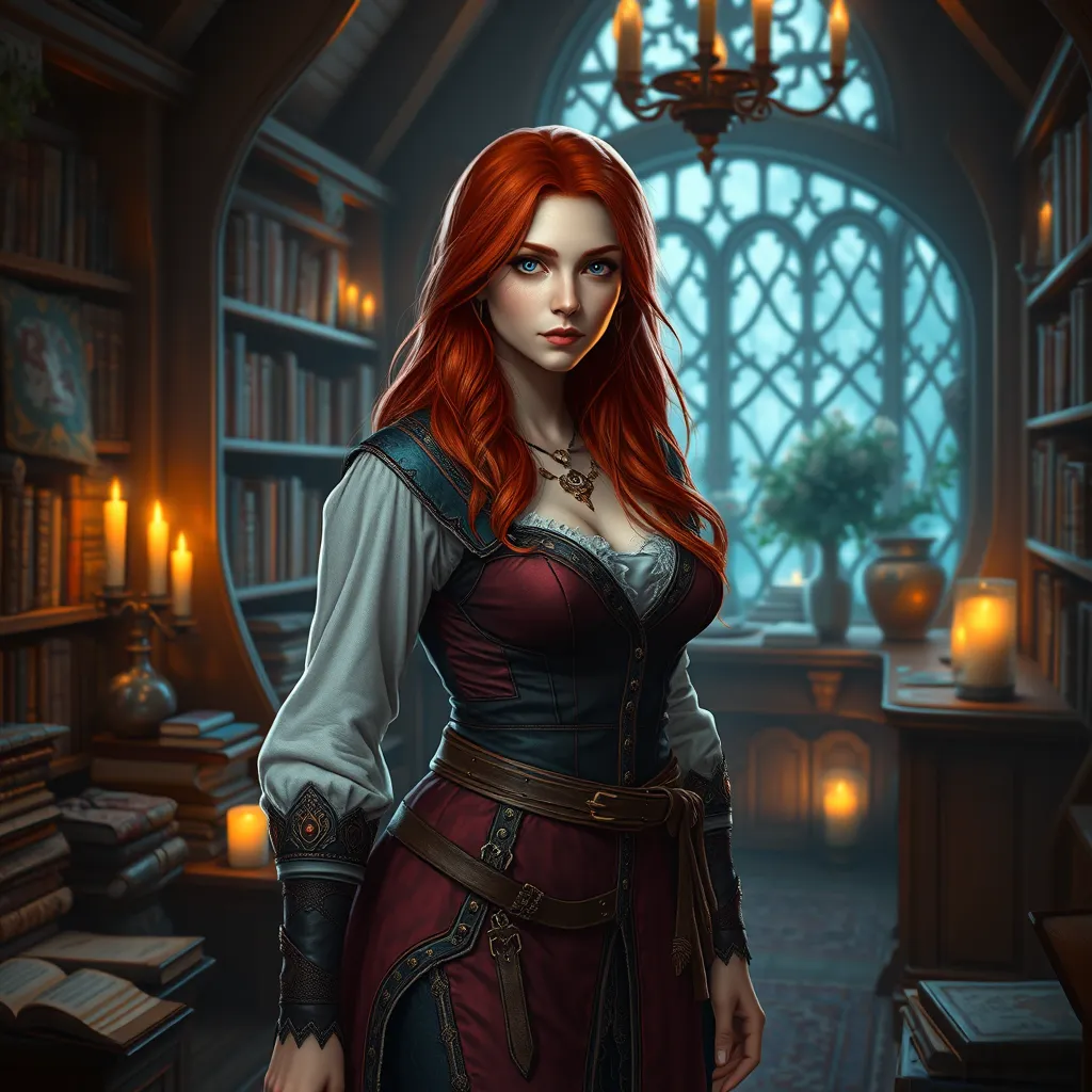 Triss Merigold from The Witcher 3, standing in a cozy, candlelit study filled with books and potions, her red hair cascading over her shoulders