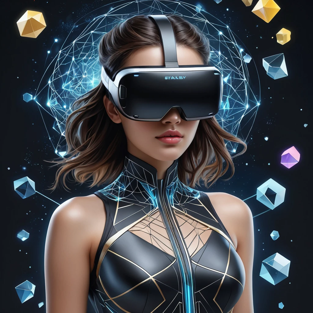 A2 in a virtual reality space, her form surrounded by floating geometric shapes and digital particles, symbolizing her connection to the digital world.