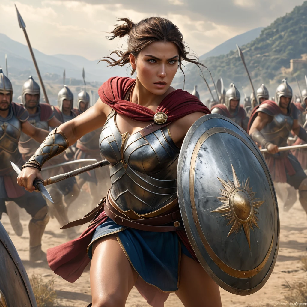 Kassandra in a dramatic battle scene, fighting against a group of Spartan soldiers, her spear and shield in action, emphasizing her skilled combat techniques