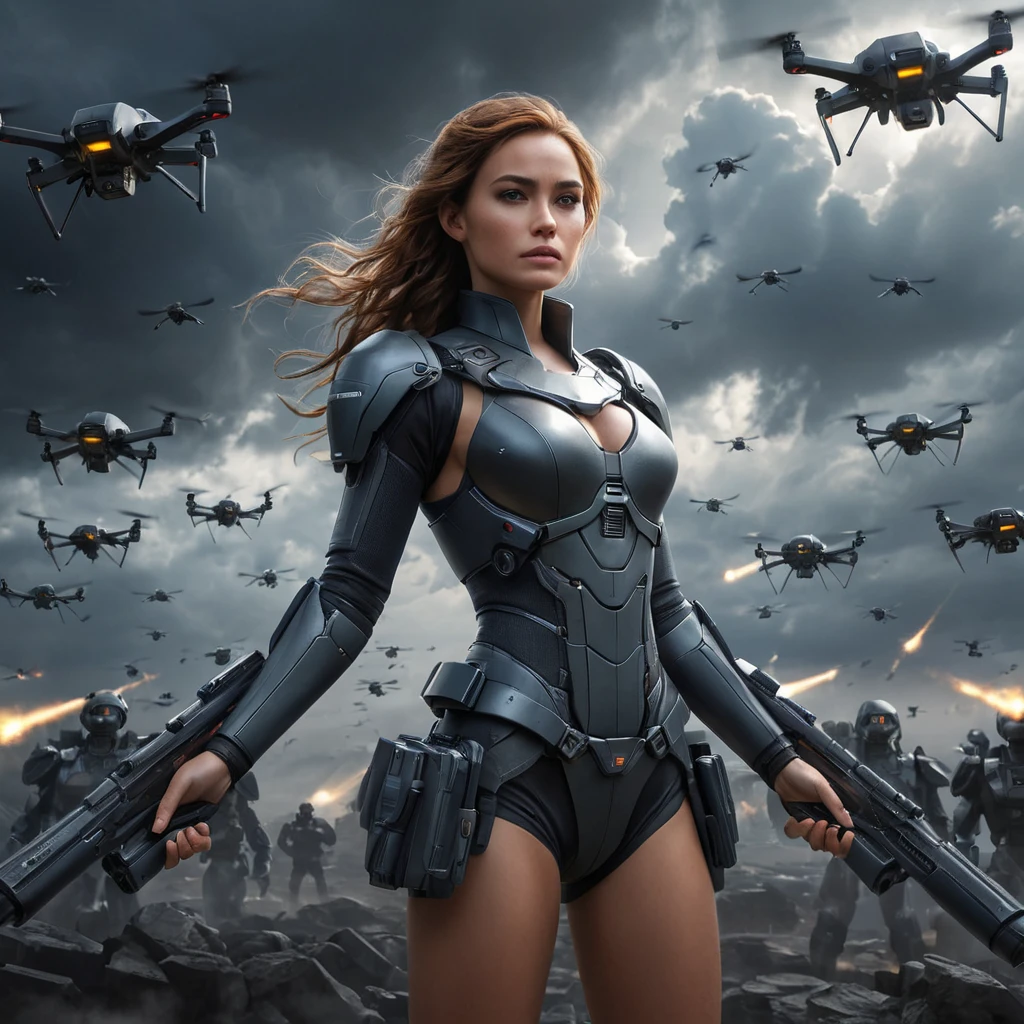 A cinematic scene where A2 is surrounded by a swarm of enemy drones, her weapon drawn, with a dramatic spotlight highlighting her against the dark, stormy sky.