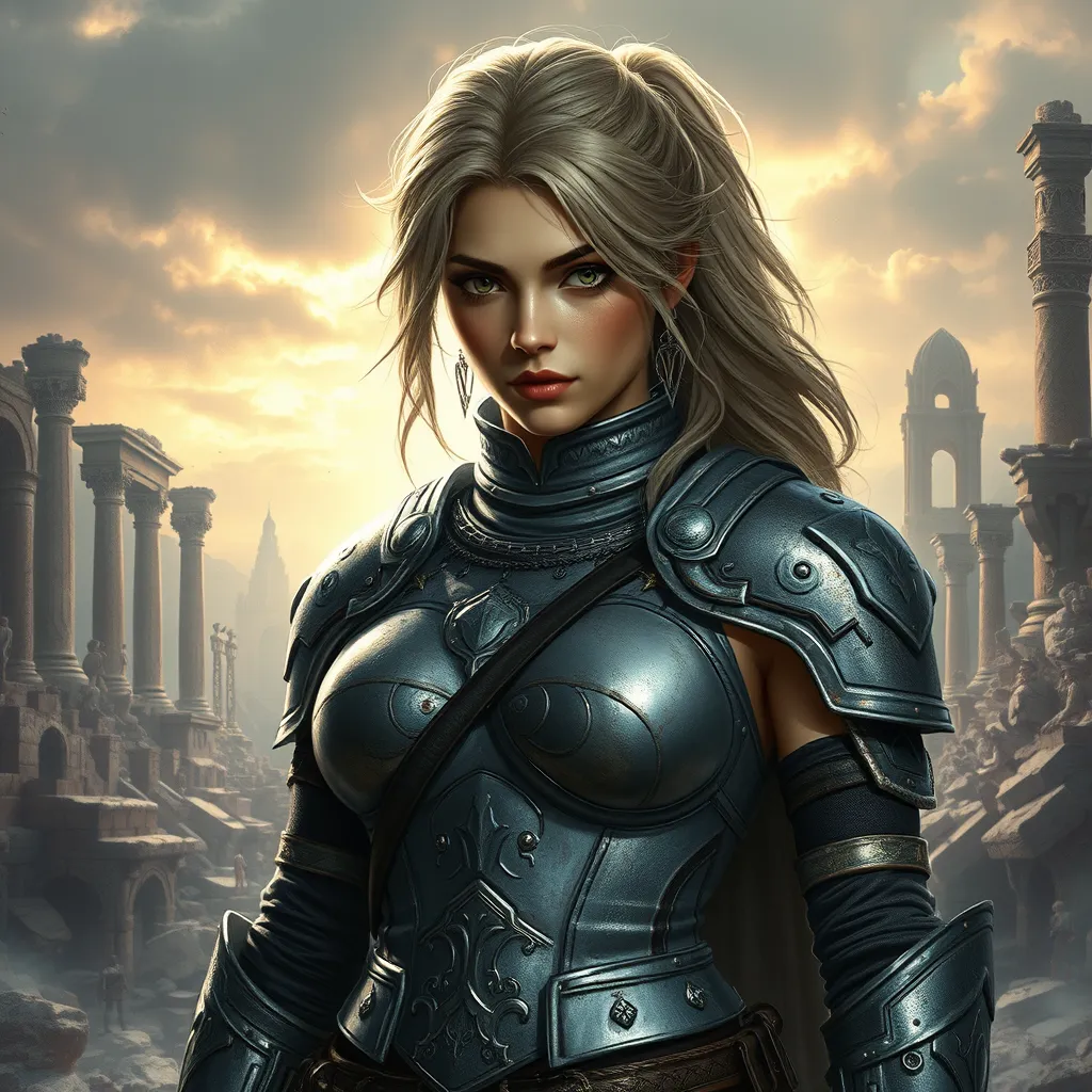 Ciri in a battle-worn armor, standing amidst the ruins of a once-great city, her expression resolute and determined