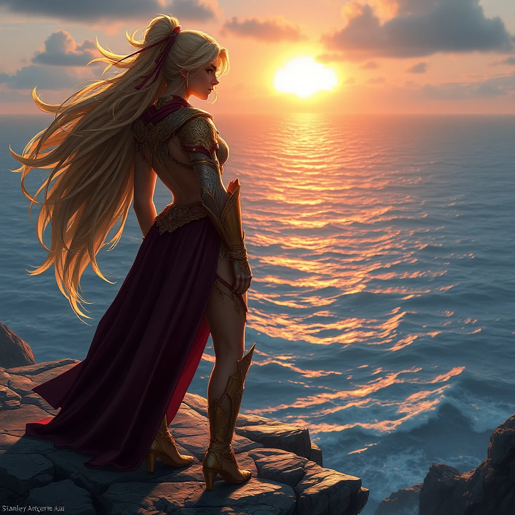 Ciri on a rocky cliff overlooking a vast ocean, the sun setting behind her, casting a golden glow on her armor and the waves below