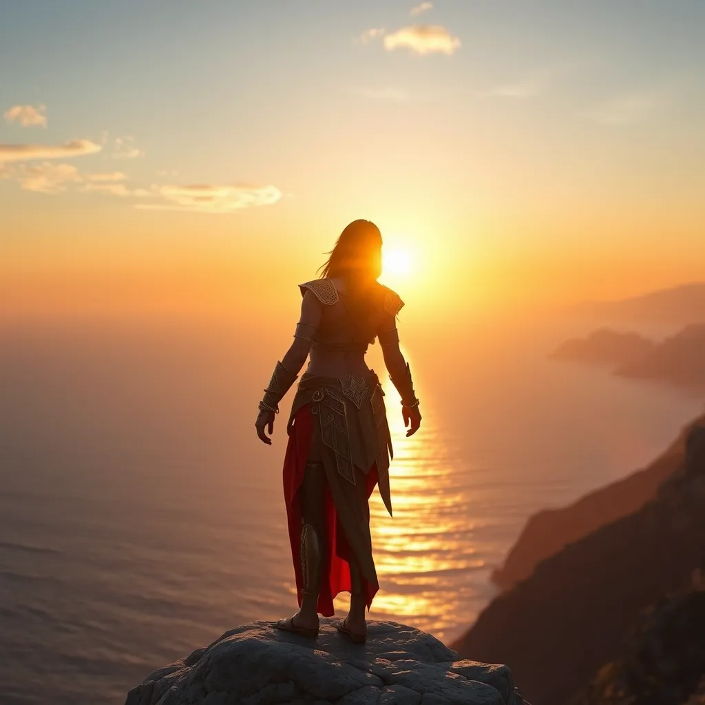 Kassandra from Assassin's Creed, standing atop a cliff overlooking the Aegean Sea, with the sun setting behind her, casting a golden glow on her armor and the waves below