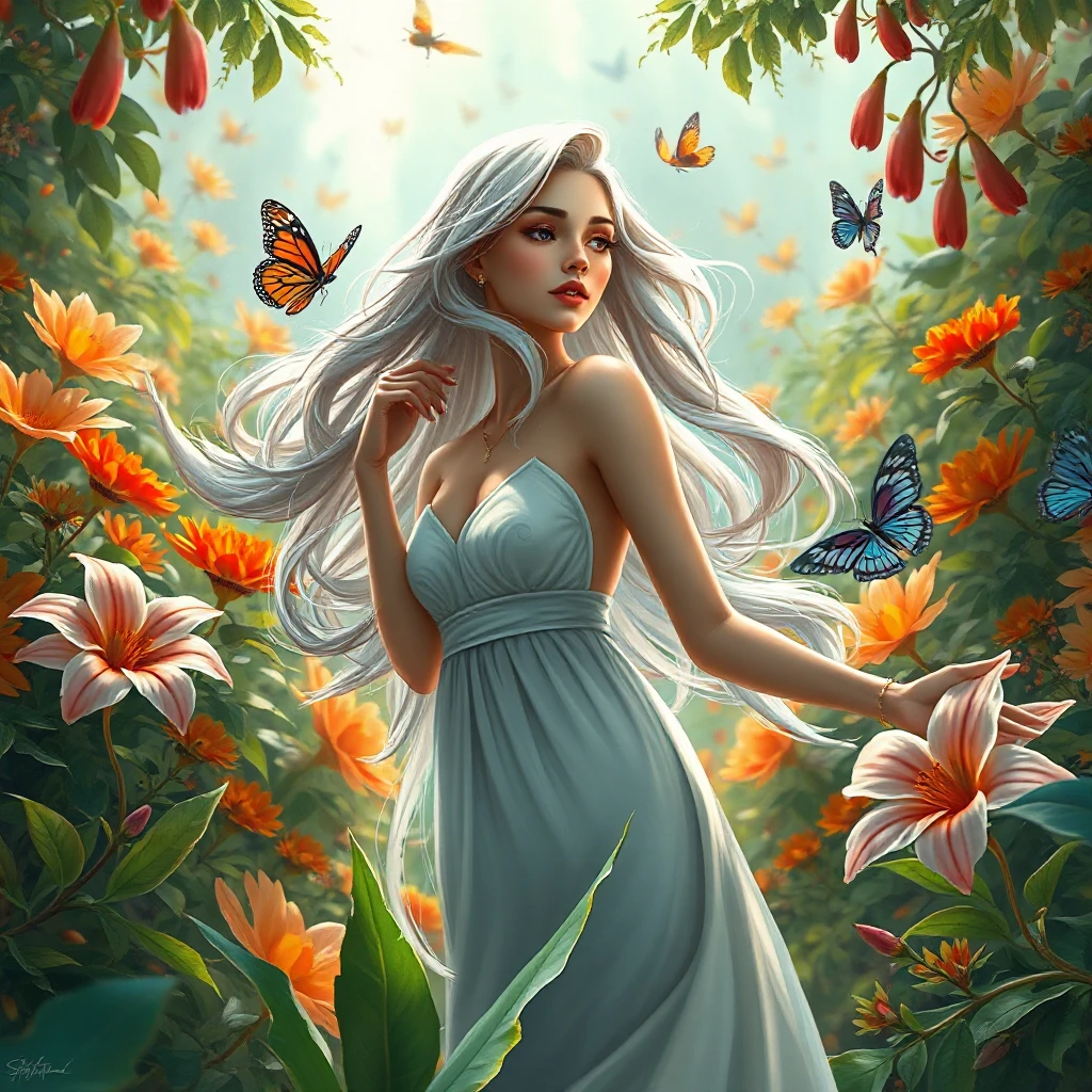 Ciri in a lush garden filled with exotic flowers and fluttering butterflies, her hair flowing gently in the breeze