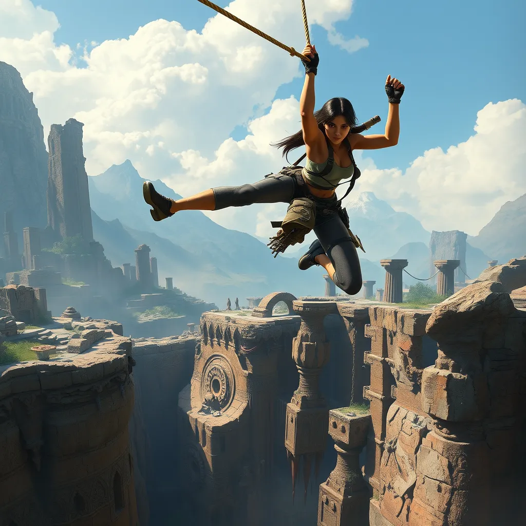 A high-action scene where Lara Croft is mid-swing on a rope, leaping over a deep chasm, with crumbling ruins and ancient traps in the background.