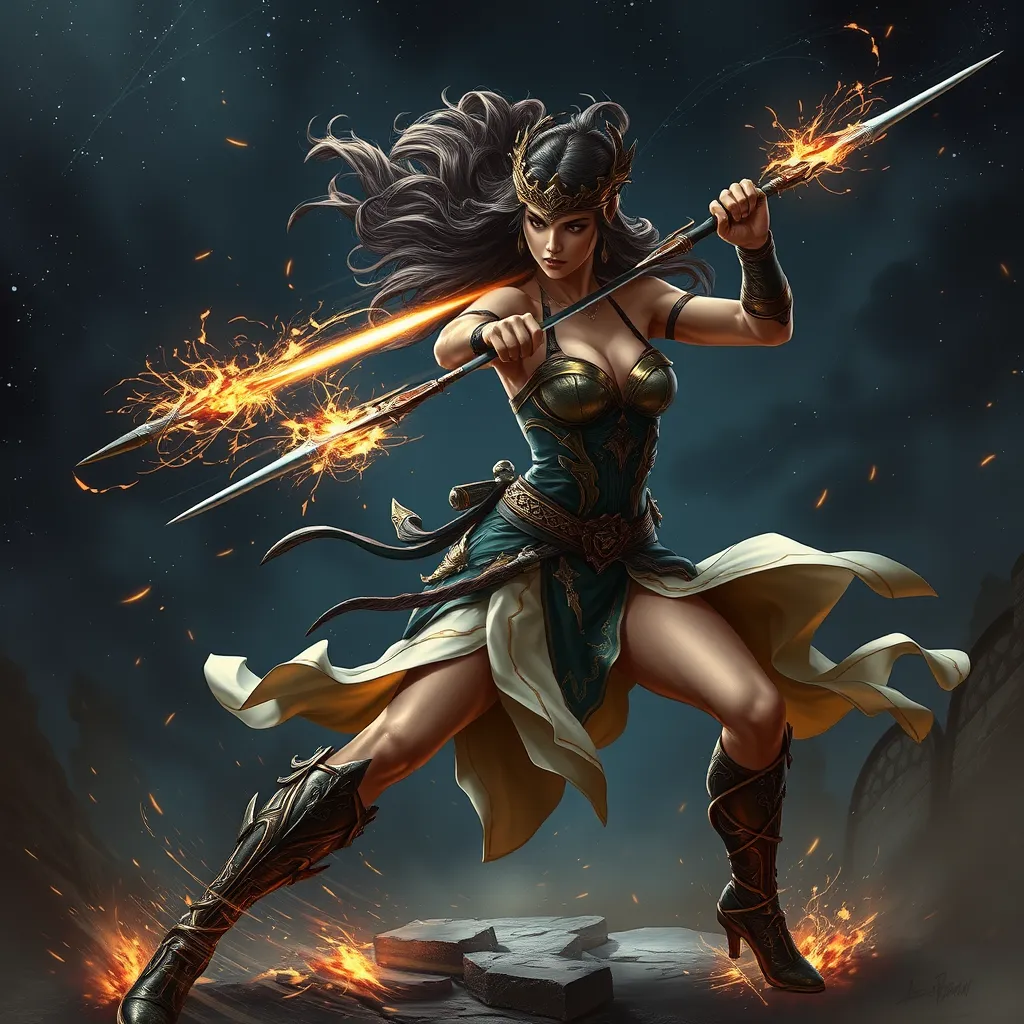 Kassandra in a dramatic night battle under the stars, her movements illuminated by sparks from her weapons, capturing her fierce and dynamic fighting style