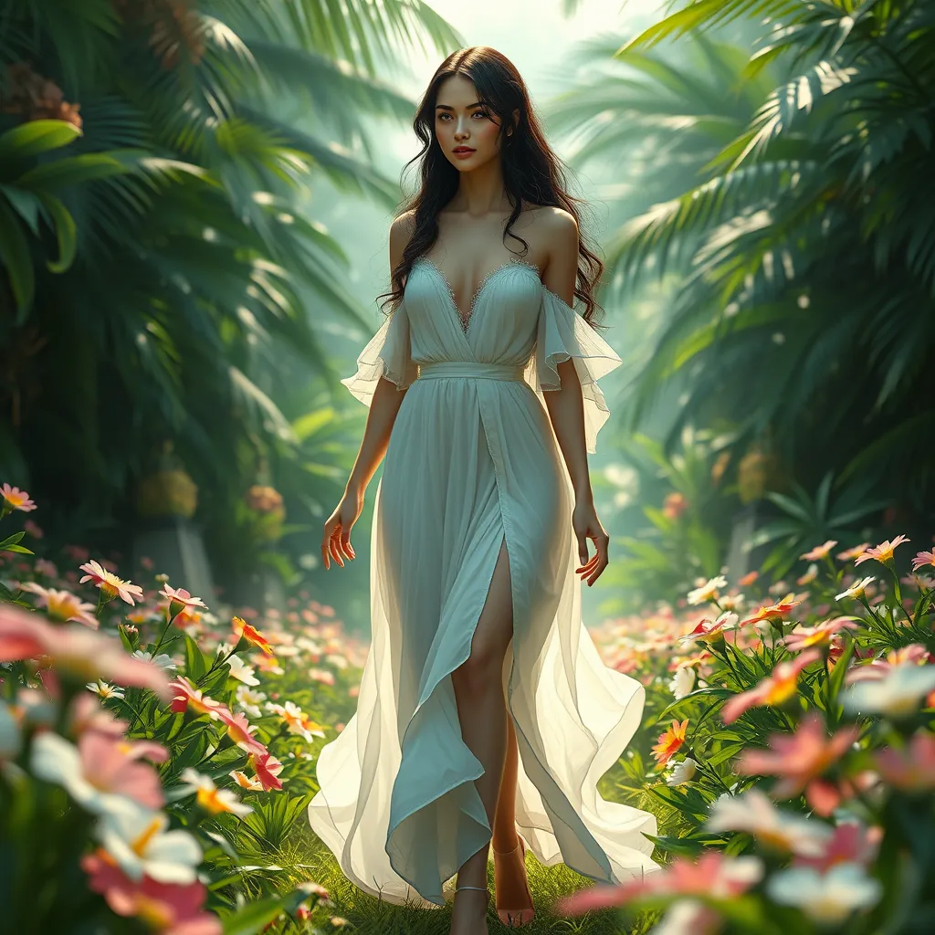 Yennefer in a lush, tropical paradise, her dress light and airy as she walks through a field of flowers