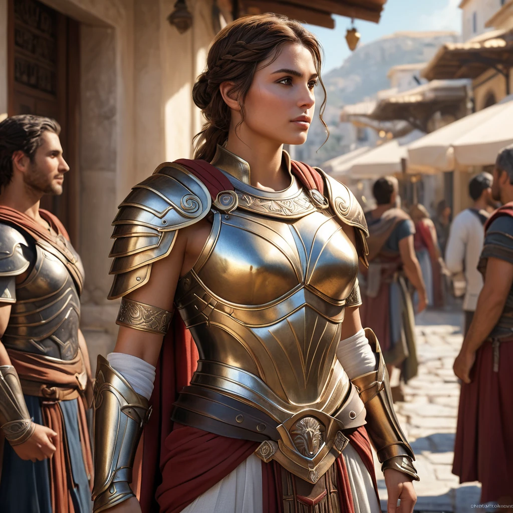 Kassandra in a bustling Greek marketplace, her armor glinting in the sunlight, interacting with various characters, showcasing her charismatic and warrior-like demeanor